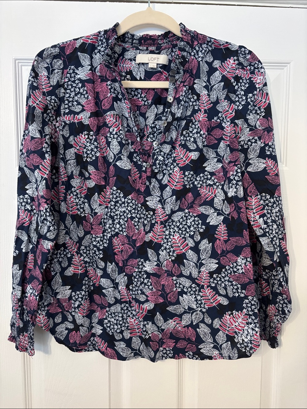 LOFT Navy Floral V-Neck Blouse with Pink and White Leaf Print